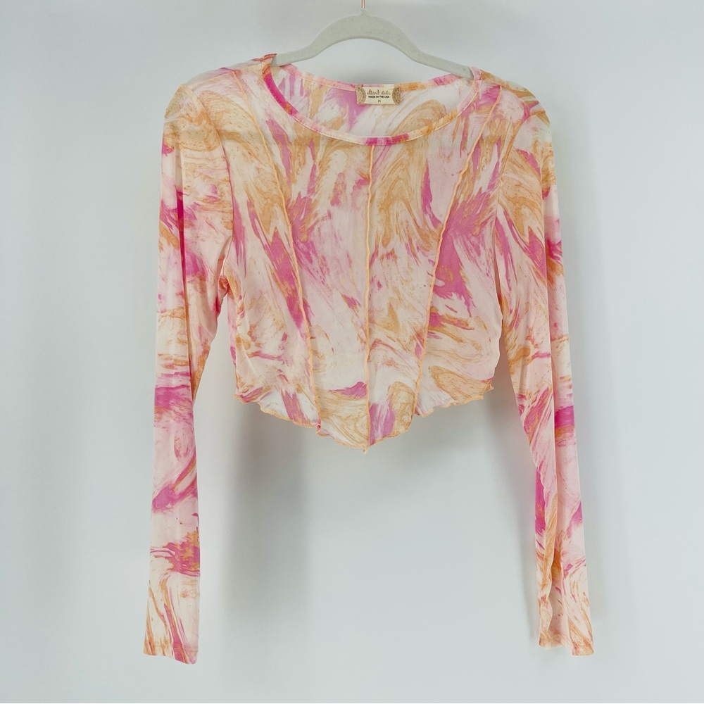 Altar'd State Orange Pink Exposed Seam Cropped Sheer Long Sleeve Top, Sz Medium